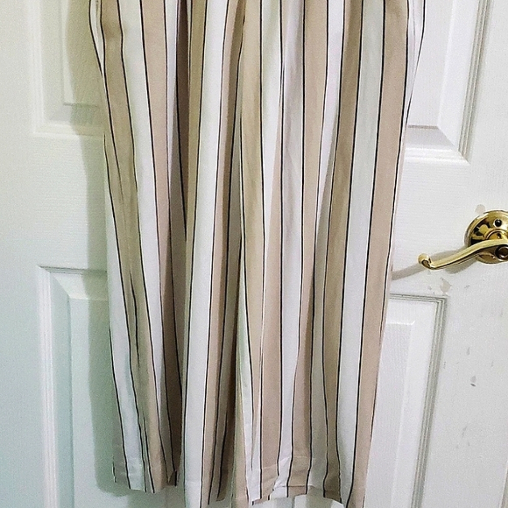 Abercrombie & Fitch White & Beige Striped High-Waist Wide Leg Paperbag Pants S - Picture 5 of 14